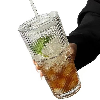 Stylish Ribbed Glass Cup ✨ – Perfect for Coffee, Tea & Smoothies ☕️🥤