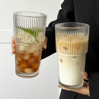 Stylish Ribbed Glass Cup ✨ – Perfect for Coffee, Tea & Smoothies ☕️🥤