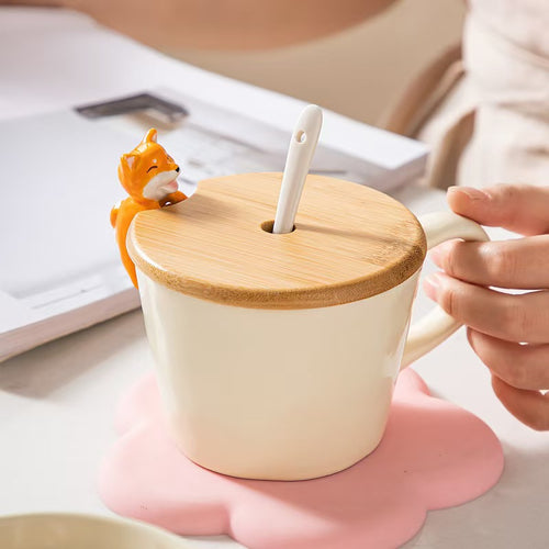 Adorable Ceramic Cup with Bamboo Lid & Spoon 🐱🐶 – Perfect for Coffee, Tea & Soups ☕️