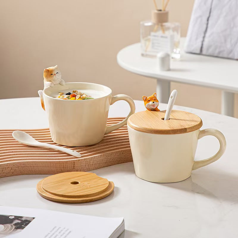 Adorable Ceramic Cup with Bamboo Lid & Spoon 🐱🐶 – Perfect for Coffee, Tea & Soups ☕️